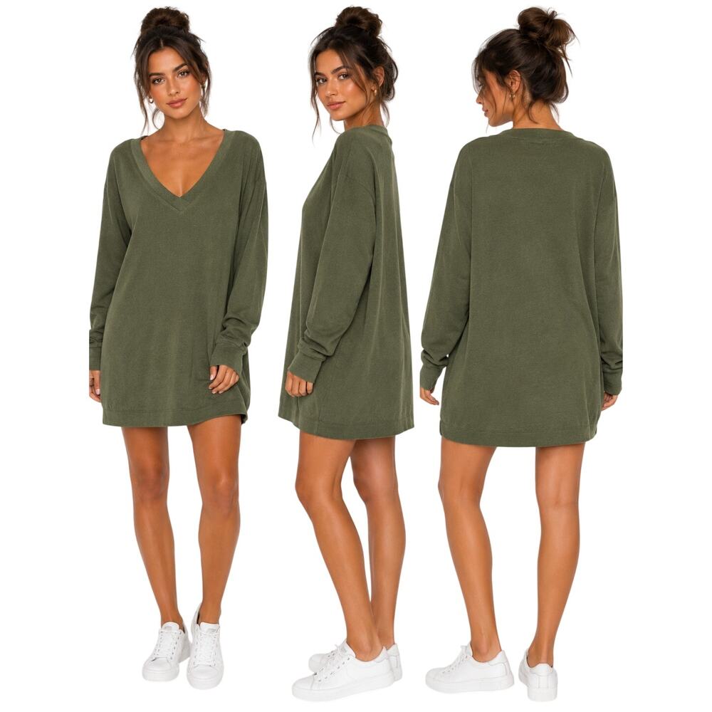 Socialite Olive Green V Neck Sweater Dress Womens Small Oversized Knit Tunic
